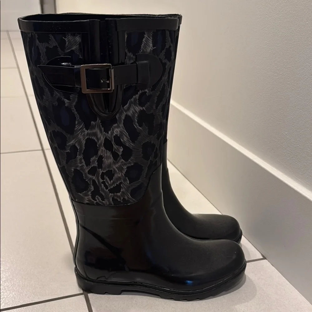 BCBGMaxAzria Black Winter Rain Boots Knee-High black so to animal print